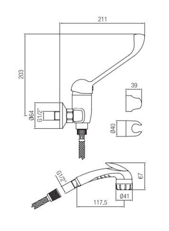 PB Clinic bateria prysznicowa bez barier z długą rączką, chromowana, z ręcznym prysznicem na przycisk 1208956283