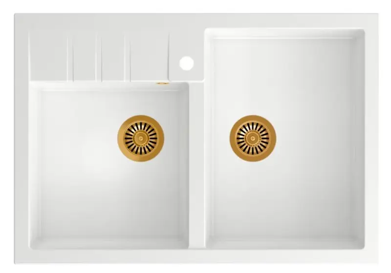 Quadri Minister Podwójny Zlew Kuchenny, biały, w stylu rustykalnym, 90x62 cm, z miedzianym korkiem i przelewem 1208956329