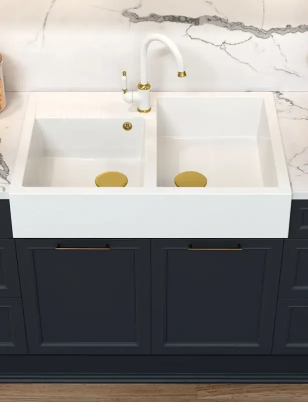 Quadri Minister Podwójny Zlew Kuchenny, biały, w stylu rustykalnym, 90x62 cm, z miedzianym korkiem i przelewem 1208956329