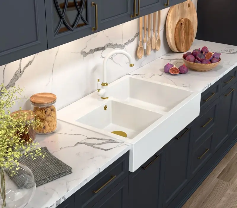 Quadri Minister Podwójny Zlew Kuchenny, biały, w stylu rustykalnym, 90x62 cm, z miedzianym korkiem i przelewem 1208956329