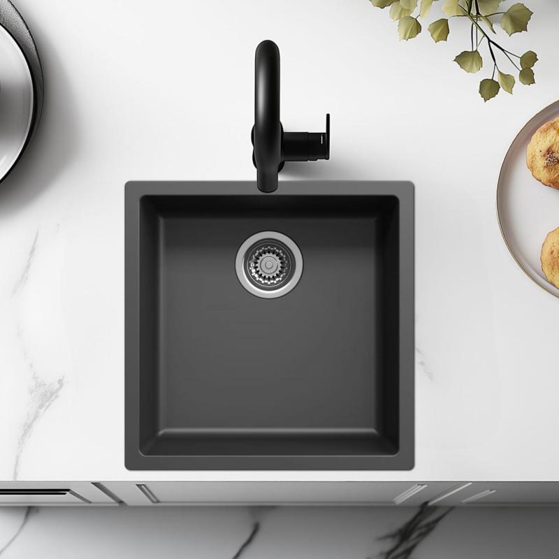 Czarny zlew 40x40cm do zabudowy podblatowej, nablatowej i na równi z blatem z odpływem ze stali nierdzewnej 1208956390