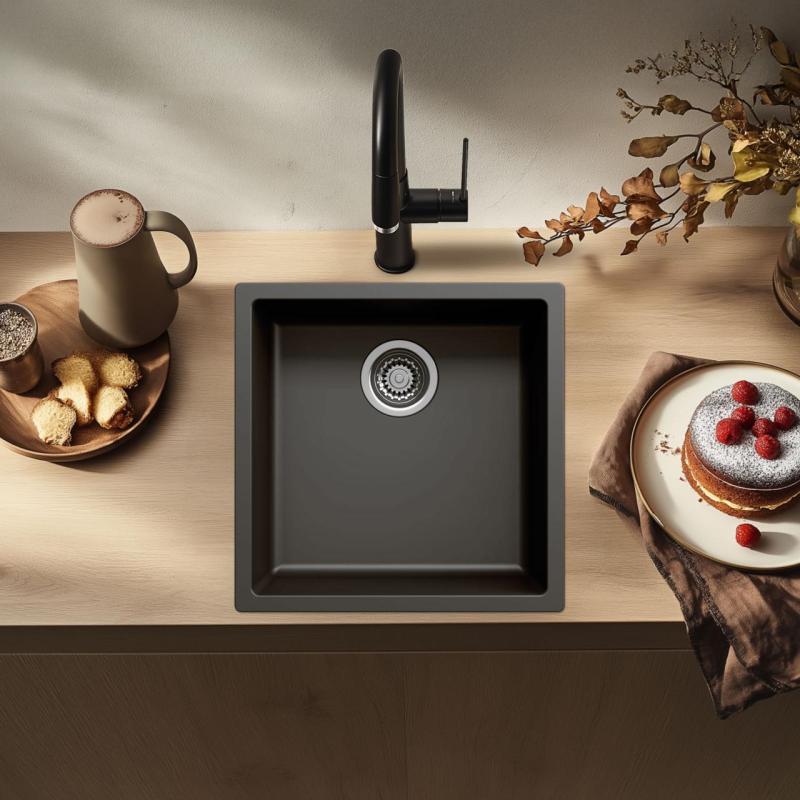 Czarny zlew 40x40cm do zabudowy podblatowej, nablatowej i na równi z blatem z odpływem ze stali nierdzewnej 1208956390