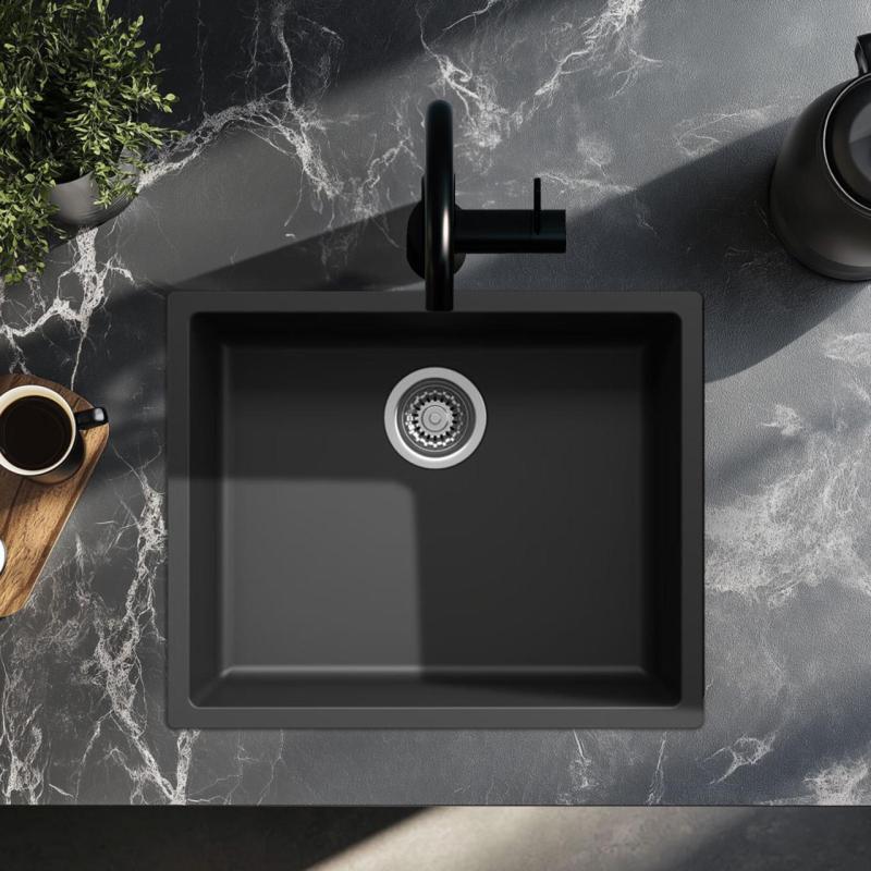 Czarny zlewozmywak 50x40 cm do montażu podwieszanego, wpuszczanego i zlicowanego ze stalowym korkiem 1208956395