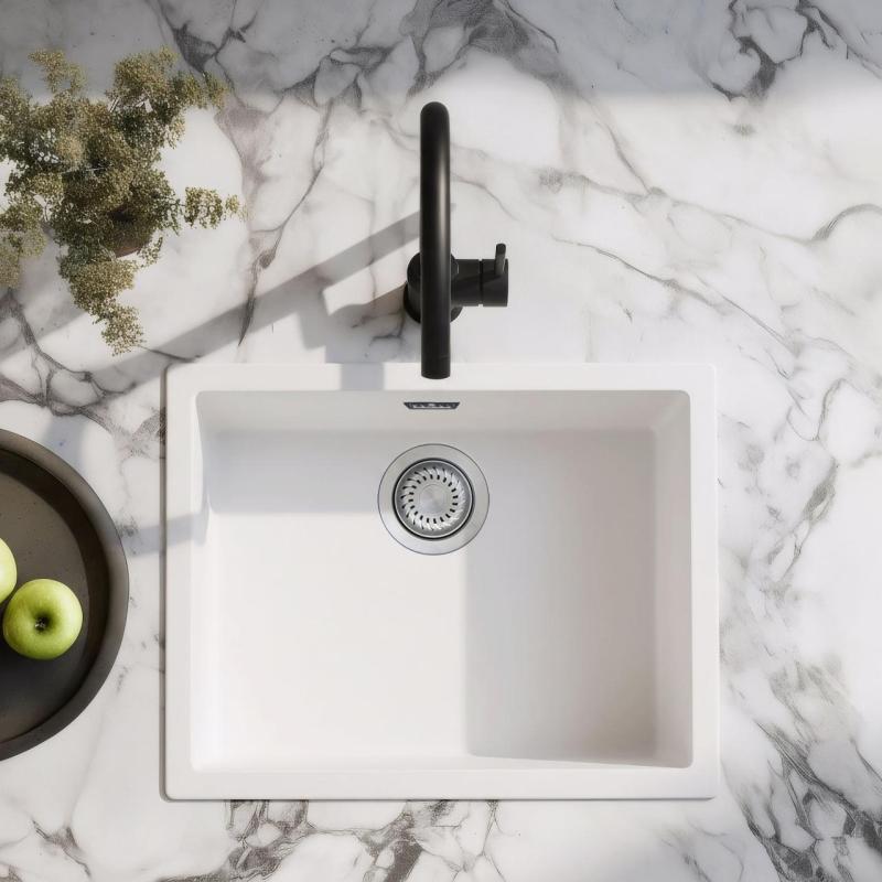 Biały zlew 50x40 cm do montażu podwieszanego, na blacie i wpuszczanego z korkiem ze stali nierdzewnej 1208956397