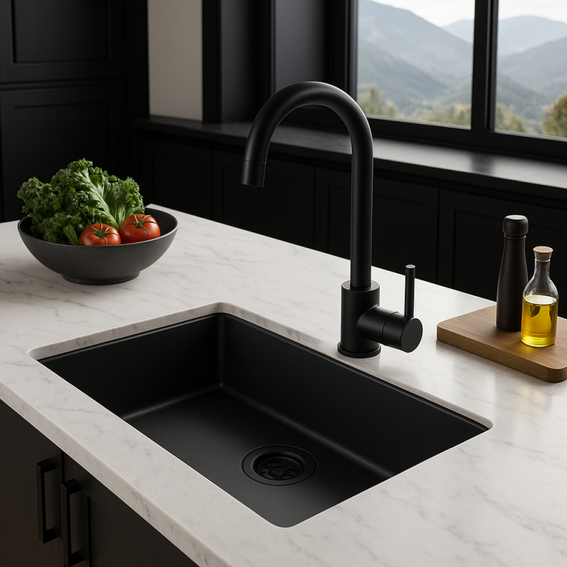 Czarny duży zlew 70x40cm do zabudowy podblatowej, nablatowej i wpuszczanej z czarnym korkiem 1208956401