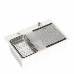 Quadri biały z twardego granitu zlewozmywak nablatowy 76x50cm z akcesoriami 1208956409