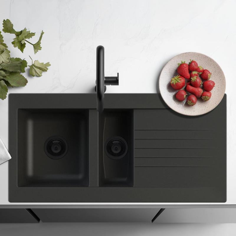 Ausmann Fibre 1,5 czarna plastikowa umywalka odwracalna z ociekaczem, montaż natynkowy 100x50 cm z czarną zatyczką 1208956784