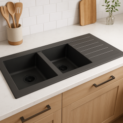Ausmann Fibre podwójny czarny zlewozmywak z tworzywa sztucznego odwracalny z ociekaczem, montażowy 116x50 cm z czarnym korkiem 1208956790
