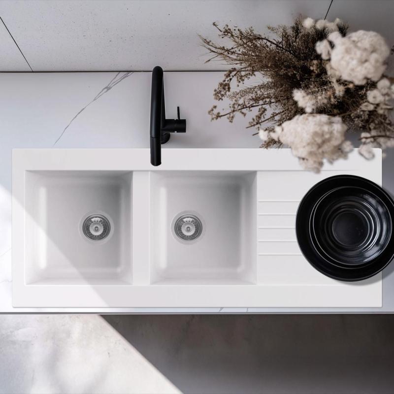 Ausmann Fibre podwójny biały plastikowy zlewozmywak odwracalny z ociekaczem do zabudowy 116x50 cm 1208956794