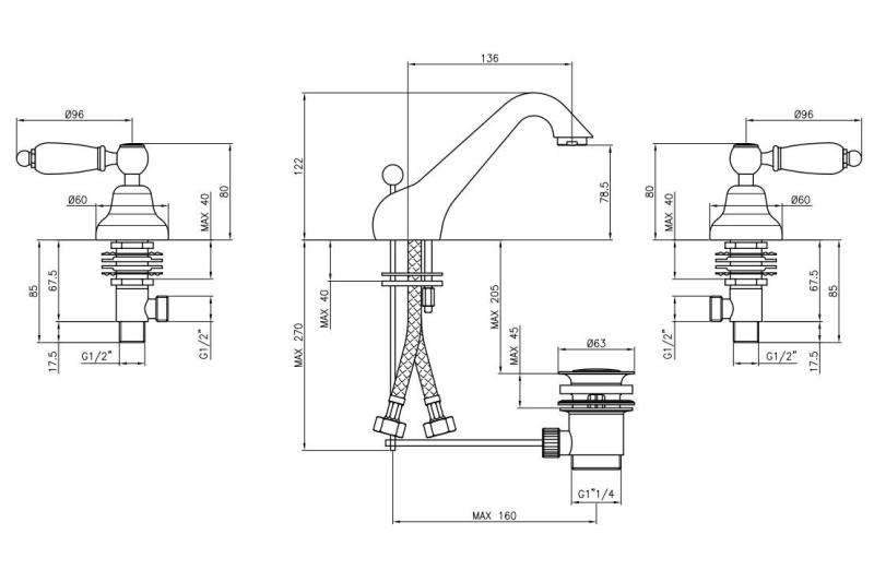PB klasyczna bateria 3-otworowa, niska bateria umywalkowa, Białe uchwyty, Brąz, 1208956907