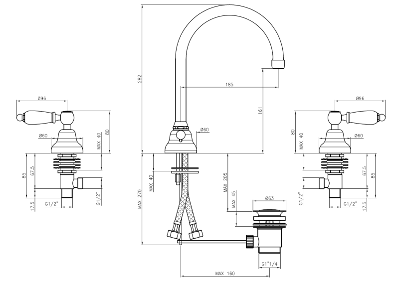 PB klasyczna bateria 3-otworowa do umywalki Białe uchwyty z okrągłą wylewką Chrom 1208956912