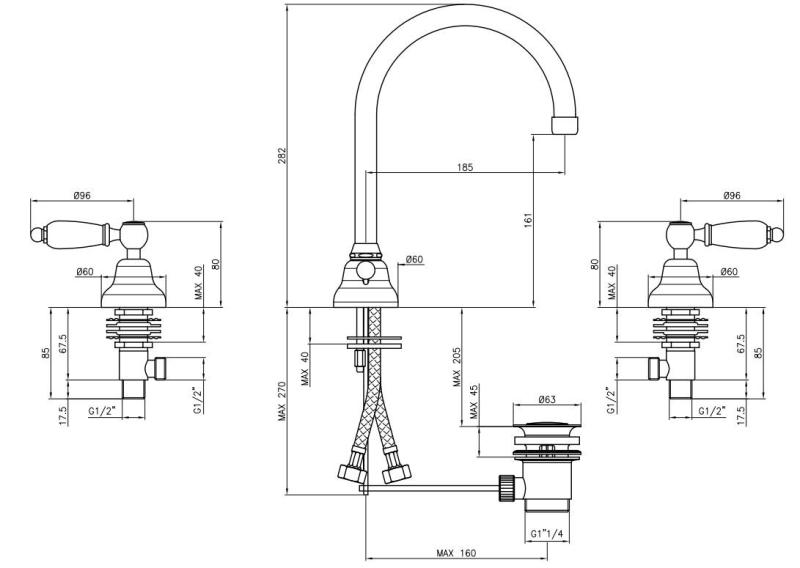 PB klasyczna bateria 3-otworowa do umywalki Białe uchwyty z okrągłą wylewką rvs 1208956914