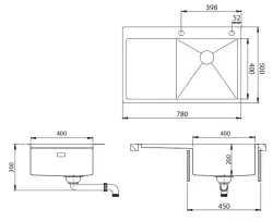 Ausmann Turt RVS zlew z ociekaczem po lewej stronie 780x500mm montaż nablatowy i wpuszczany 1208956957