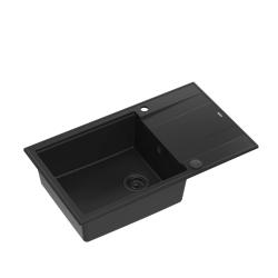 Quadri Luton czarny granitowy duży zlewozmywak nablatowy z ociekaczem odwracalny 86x50cm z czarnym korkiem 1208957326
