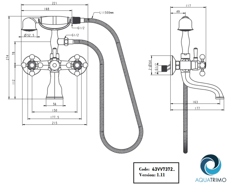 AquaTrimo Vivaldi klasyczna bateria wannowa z gwiazdkowymi uchwytami Chrom, w zestawie z rączką prysznicową 43VV7372CM
