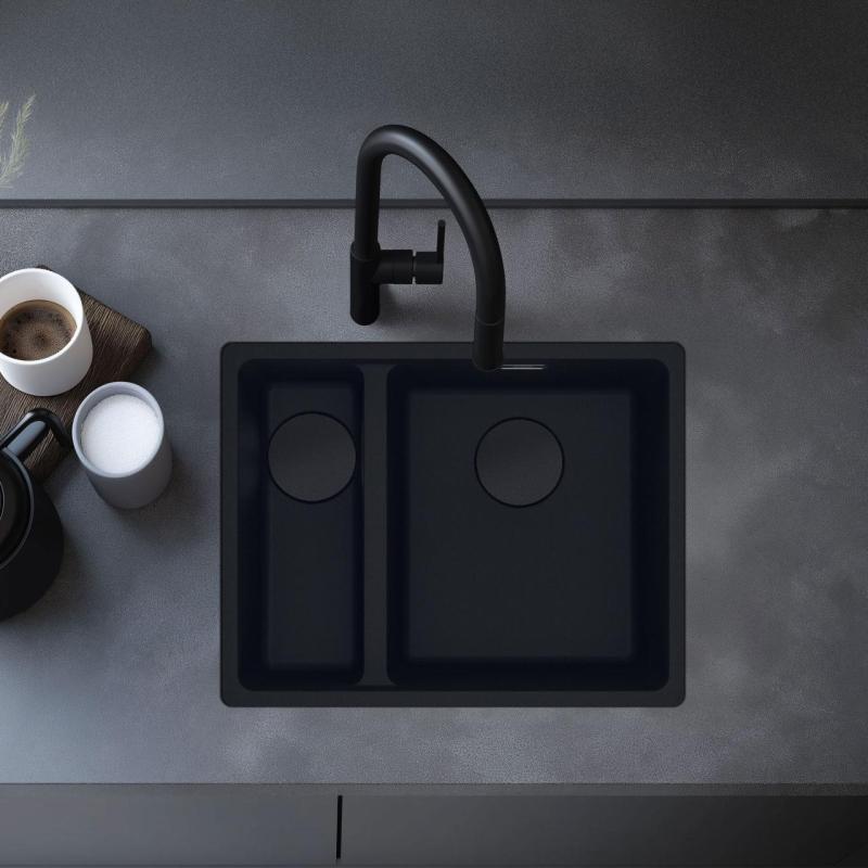 Franke Maris MRG 260/160-34-15 Fragranite czarna edycja matowy zlew podwieszany z dużym zlewem po prawej stronie.