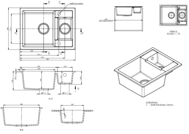 GraniteMy Smart ekstra płytki 1,5 granitowy zlewozmywak nablatowy czarny odwracalny 58x44cm 1208957386
