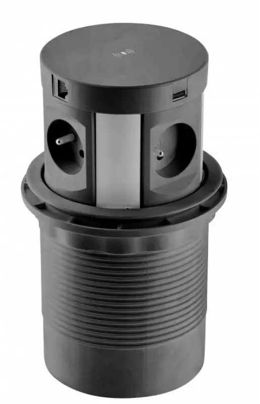 Indux Push zatapialna wtyczka uziemienia kuchnia gniazdko czarne w blacie z 4 gniazdami, 2 x USB, 2 x RJ45 i ładowanie bezprzewodowe 1208957421