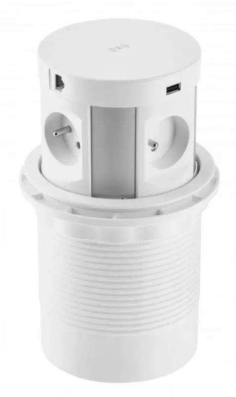 Indux Push zanurzalne uziemienie białe gniazdko kuchenne w blacie z 4 gniazdkami, 2 x USB, 2 x RJ45 i bezprzewodowym ładowaniem 1208957422