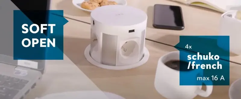 Indux Push zanurzalne uziemienie białe gniazdko kuchenne w blacie z 4 gniazdkami, 2 x USB, 2 x RJ45 i bezprzewodowym ładowaniem 1208957422