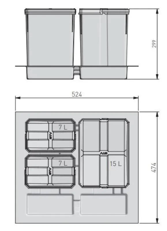Garbi Basket B-60-3 sorteerafvalsysteem voor lade van 60 cm, inclusief houder en 3 afvalbakken 1208957473
