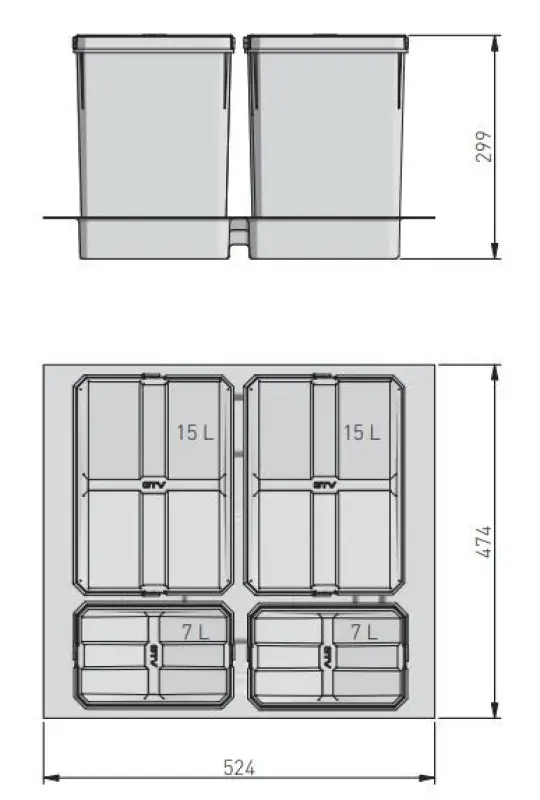 System sortowania odpadów Garbi Basket B-60-4 do szuflady 60 cm, w zestawie z uchwytem i 4 pojemnikami na odpady 1208957475.