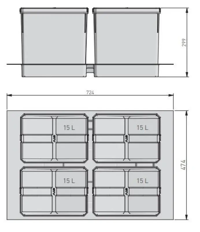 Garbi Basket B-80-4-G system sortowania odpadów do szuflady 80 cm, w zestawie uchwyt i 4 x 15 litrowe kosze na śmieci 1208957478