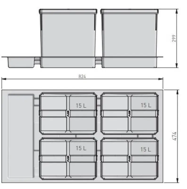 Garbi Basket B-90-4 sorteerafvalsysteem voor lade van 90 cm inclusief houder en 4 x 15 liter afvalbakken 1208957479