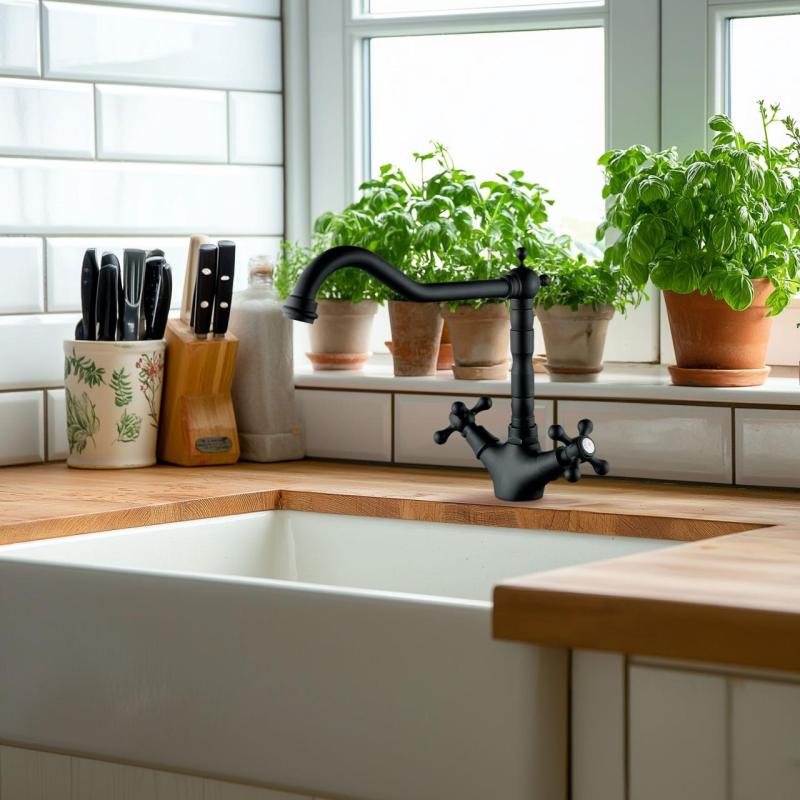 AquaTrimo Windsor klasyczna kuchnia nostalgiczna bateria kuchenna z wylewką kątową matowa czarna 21WS7531SW