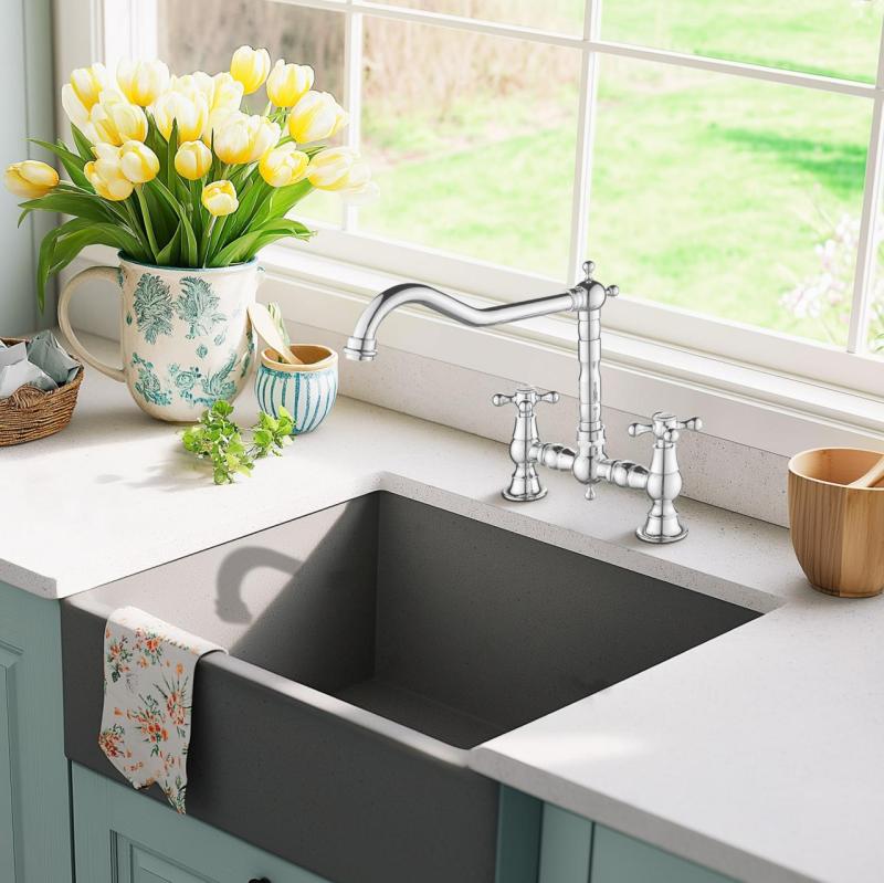 AquaTrimo Windsor 2-otworowa klasyczna kuchnia nostalgiczna bateria kuchenna mostkowa z kątową wylewką chrom 21WS7653CM