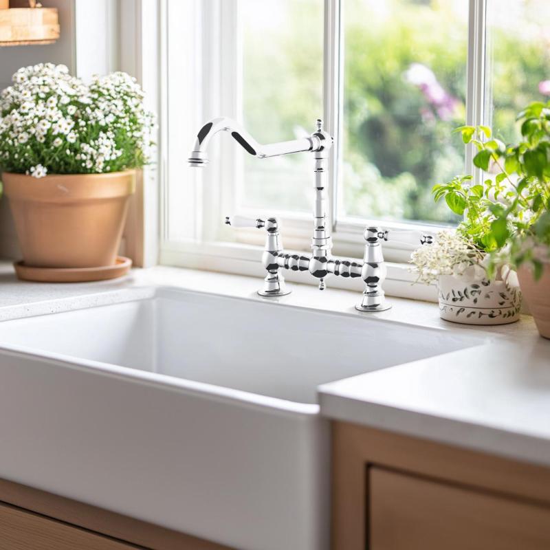 AquaTrimo Country 2-otworowa klasyczna bateria kuchenna nostalgiczna mostkowa z zakrzywionym wylotem chrom 21CT7657CM