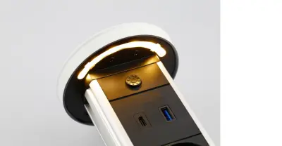 Indux Lift chowane gniazdo kuchenne z uziemieniem w blacie roboczym, białe, z oświetleniem, 2 x USB i ładowaniem bezprzewodowym 1208957838