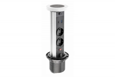 Indux Lift chowane gniazdo kuchenne z uziemieniem w blacie roboczym, białe, z oświetleniem, 2 x USB i ładowaniem bezprzewodowym 1208957838