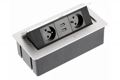 Indux Flip Medium gniazdko kuchenne z uziemieniem w blacie lub górnej szafce, aluminium z 2 gniazdkami i 2 ładowarkami USB 1208957850