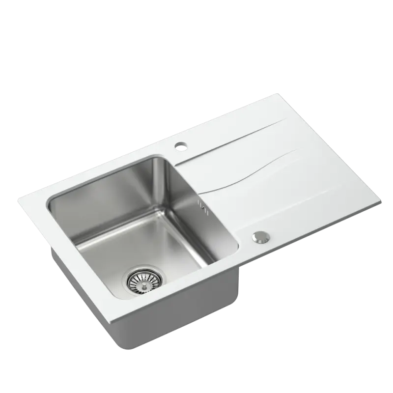 Quadri Fusion montowana na blacie zlewozmywak ze stali nierdzewnej z ociekaczem z białego granitu 78x48 odwracalny 1208957868