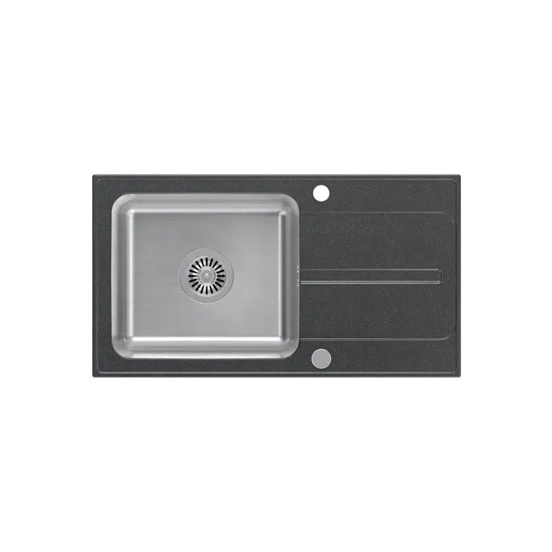 Quadri Fusion nadblatowy zlewozmywak ze stali nierdzewnej z ociekaczem z czarno-kropkowanego granitu 78x43 odwracalny 1208957879