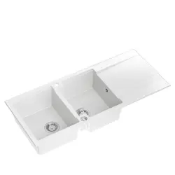 Quadri Luton zlewozmywak podwójny granitowy biały z ociekaczem 116x50 cm z korkiem ze stali nierdzewnej 1208957882