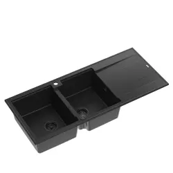 Quadri Luton dwukomorowy zlewozmywak granitowy czarny z ociekaczem 116x50 cm z czarnym korkiem 1208957883