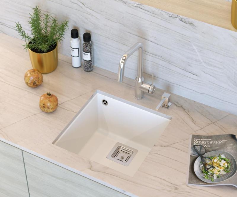 Quadri Quadrangle biały granitowy zlewozmywak podblatowy 42x42 cm z korkiem ze stali nierdzewnej 1208957886