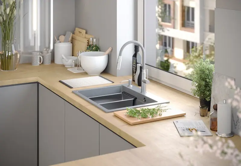 Quadri Durham biały granitowy zlewozmywak 595x500 z dozownikiem do mydła, deską do krojenia, matą do rolowania, wkładką do zlewu i matą do rolowania 1208957903