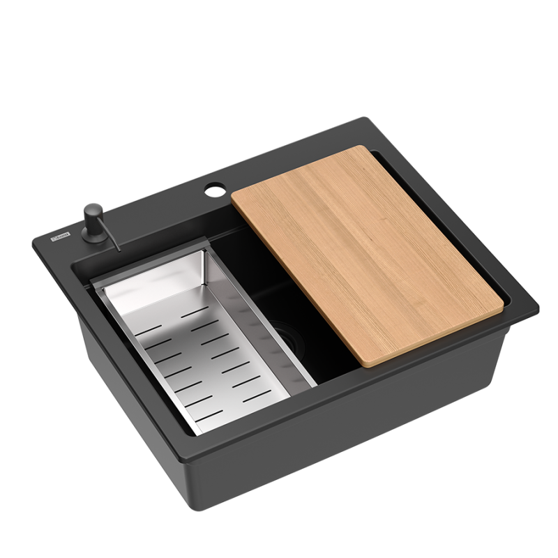 Quadri Durham czarny granitowy zlew do montażu 595x500 z dozownikiem do mydła, deską do krojenia, wkładem i matą do wałkowania 1208957904