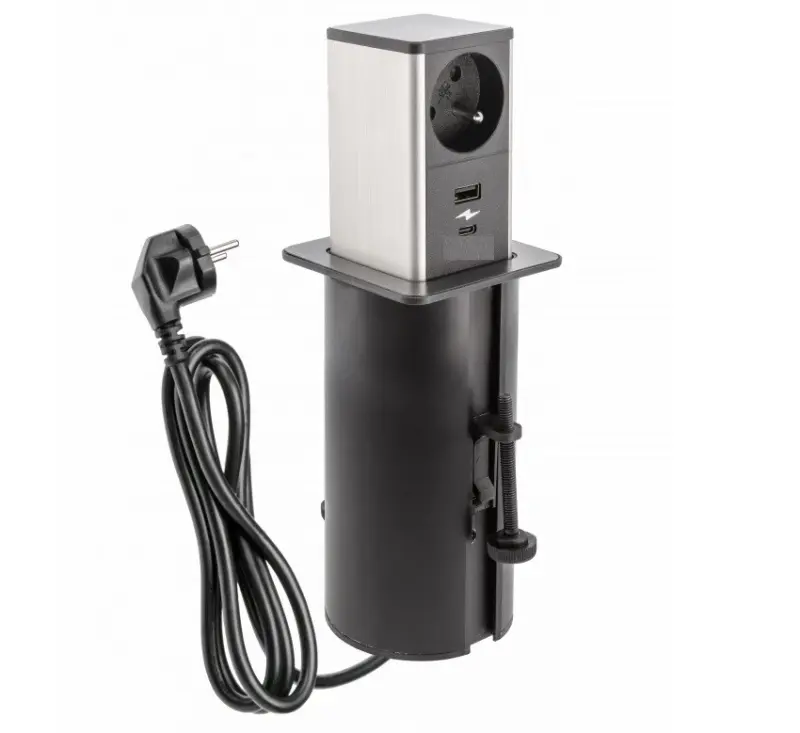 Indux Push wysuwane czarne gniazdo uziemiające z 1xUSB A i 1xUSB C z pokrywą ze stali nierdzewnej 1208957928