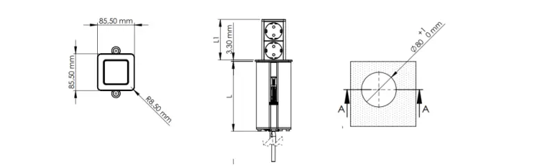 Indux Push wysuwane czarne gniazdo uziemiające z 1xUSB A i 1xUSB C z pokrywą ze stali nierdzewnej 1208957928