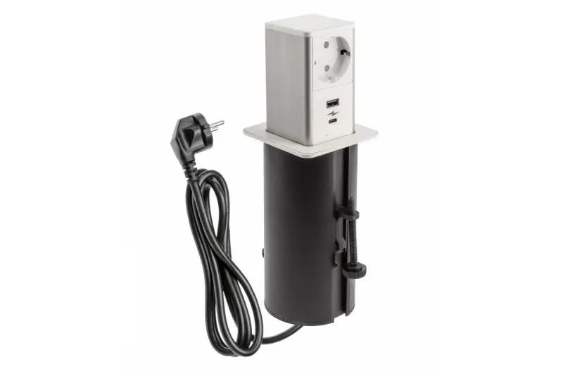 Indux Push wysuwane białe gniazdo z uziemieniem z 1xUSB A i 1xUSB C z pokrywą ze stali nierdzewnej 1208957931