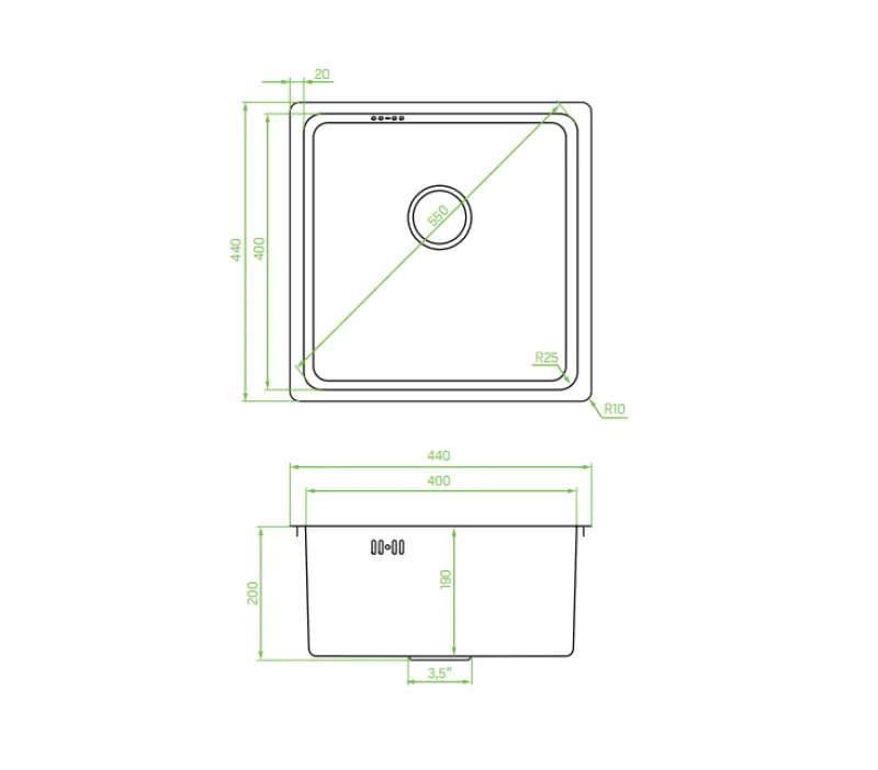 Aquadesign R25 stalowy zlewozmywak nablatowy, podblatowy i wpuszczany gun metal 40x40cm 1208958207