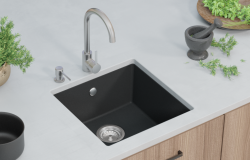 GraniteMy Universele granieten zwarte spoelbak 40x40 cm zwart opbouw onderbouw en vlakbouw met rvs plug 1208958318