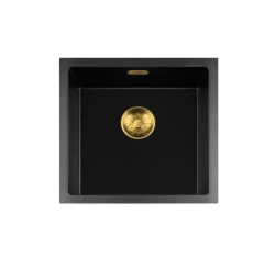 Lorreine BQ seria zlewozmywak 45x45cm, montaż nablatowy, czarny ze złotym korkiem 40BQ-T-GOLD