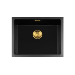 Lorreine BQ seria zlewozmywak 55x45cm nakładany czarny ze złotym korkiem 50BQ-T-GOLD