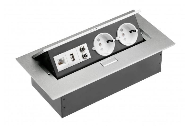 Przedłużacz biurkowy 2x gniazdo schuko, gniazdo USB, audio (banan), gniazdo RJ45 (Ethernet), bez kabla, aluminium 1208958663