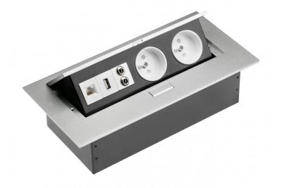 Przedłużacz biurkowy 2x gniazdo z uziemieniem, gniazdo USB, audio (banan), gniazdo RJ45 (Ethernet), bez kabla, aluminium 1208958664